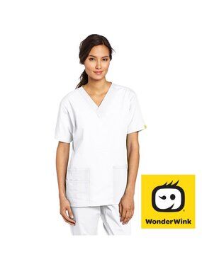 WONDERWINK Women's Scrubs Bravo 5 Pocket V-Neck Top, White, X-Large